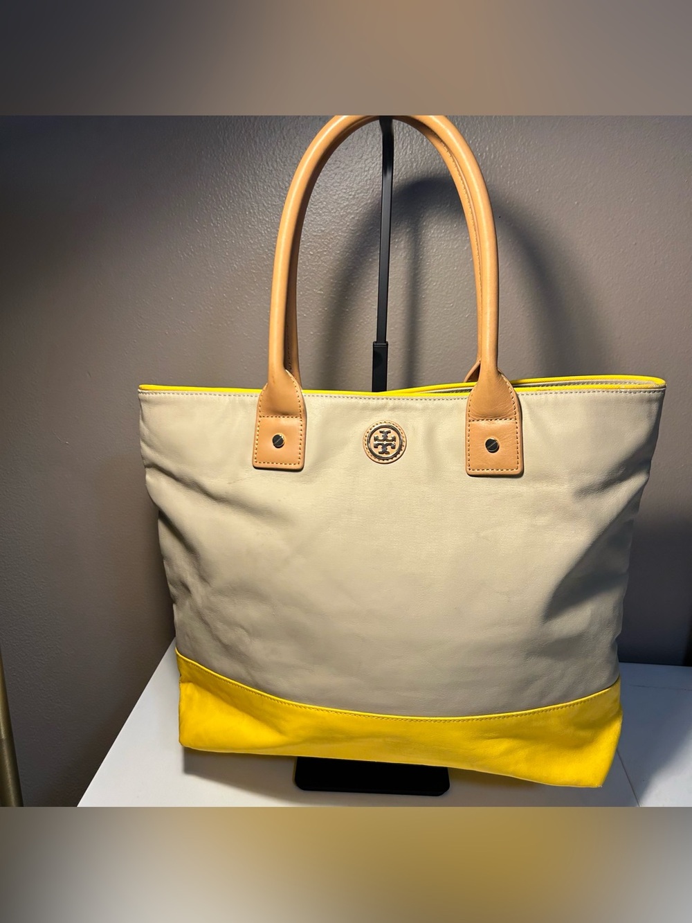 Tory Burch Beige Yellow Jaden Colorblock Medium Tote Double Handles *Read*